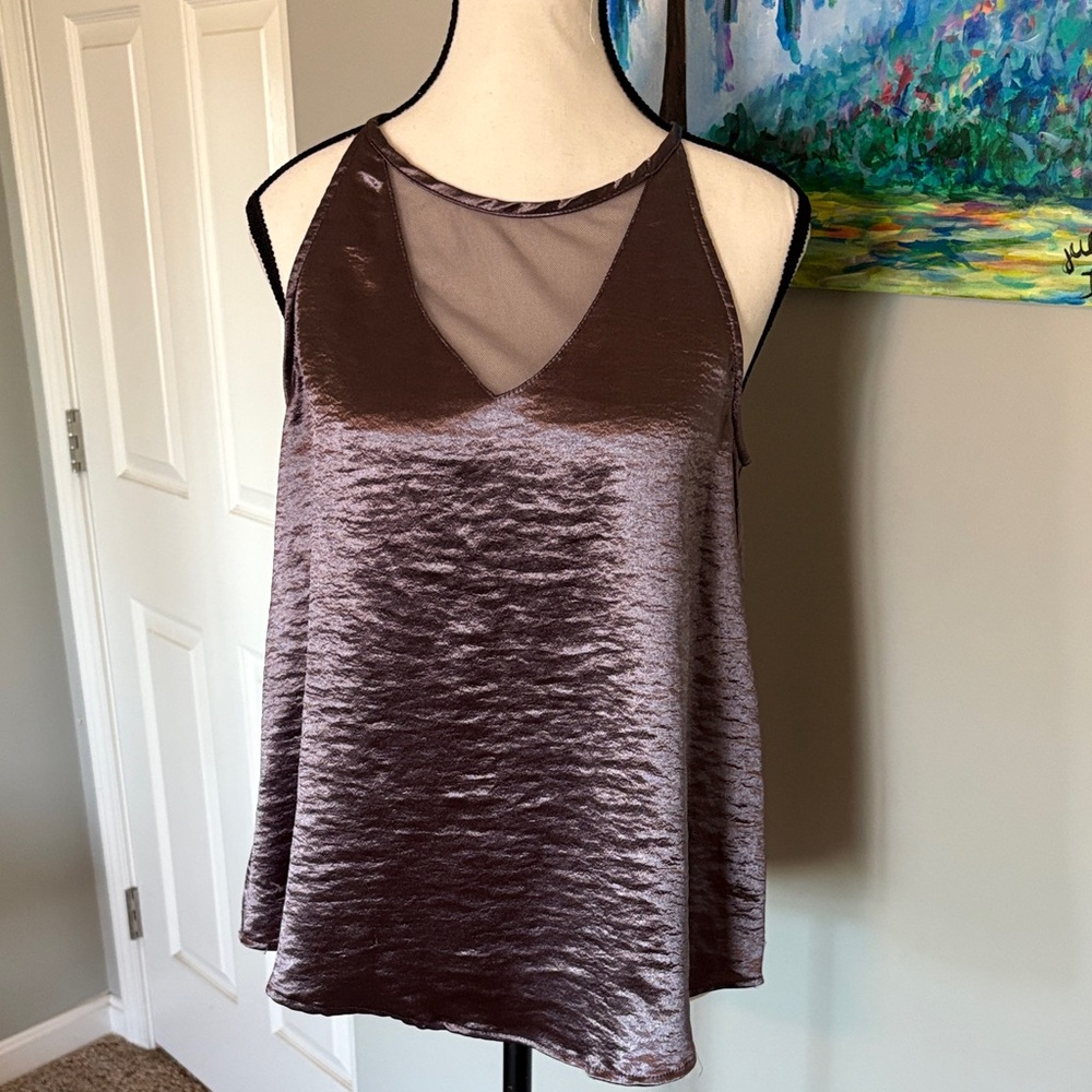 Eyeshadow Satin Halter Cami in Chocolate Brown with Sheer Mesh Yoke